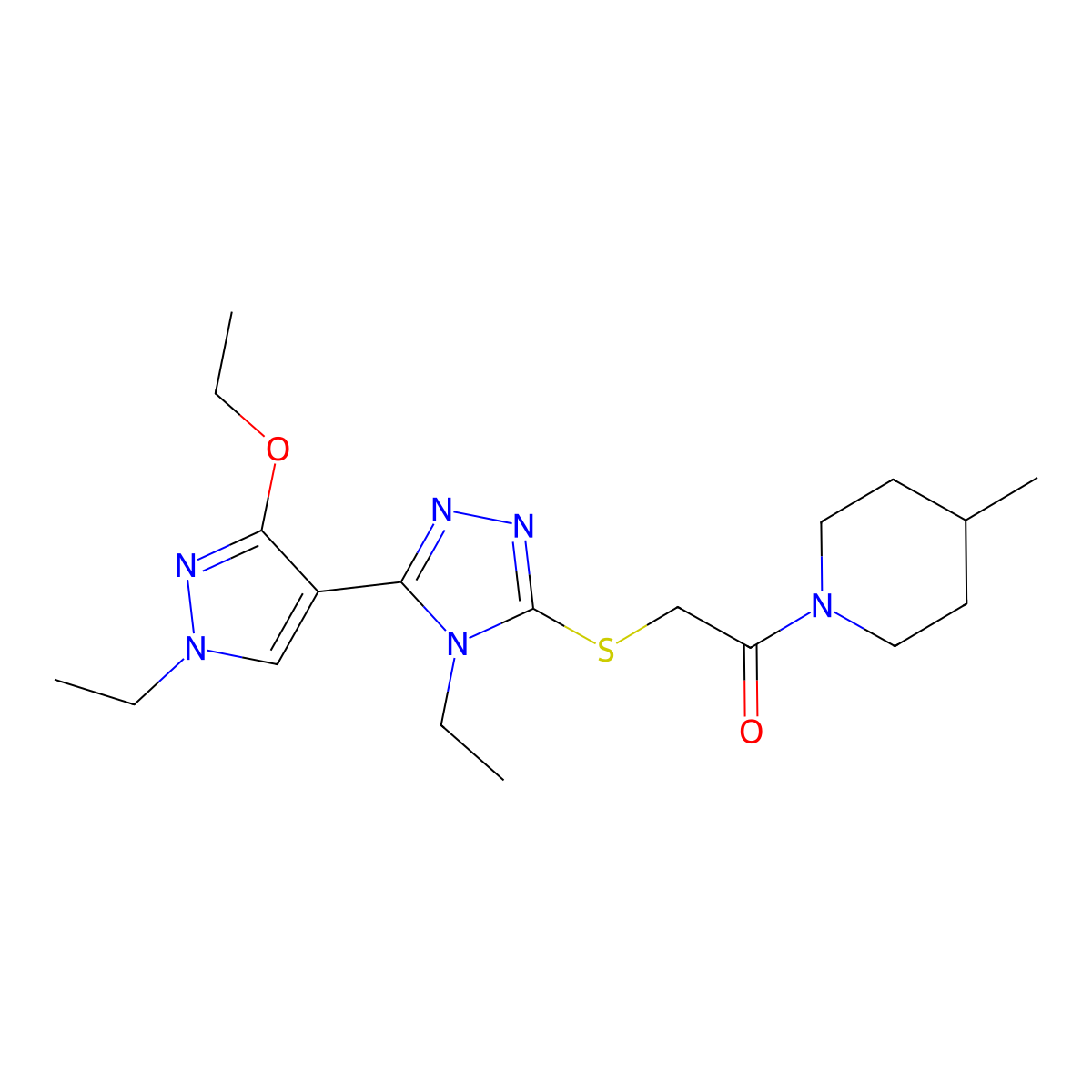 2-{[5-(3-ethoxy-1-ethyl-1H-pyrazol-4-yl)-4-ethyl-4H-1,2,4-triazol-3-yl]sulfanyl}-1-(4-methylpiperidin-1-yl)ethan-1-one molecular structure, CAS 1013778-28-3