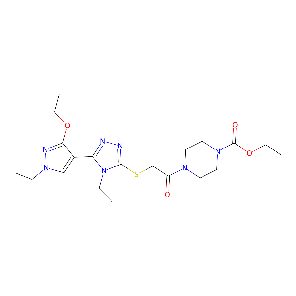 ethyl 4-(2-((5-(3-ethoxy-1-ethyl-1H-pyrazol-4-yl)-4-ethyl-4H-1,2,4-triazol-3-yl)thio)acetyl)piperazine-1-carboxylate molecular structure, CAS 1013778-31-8