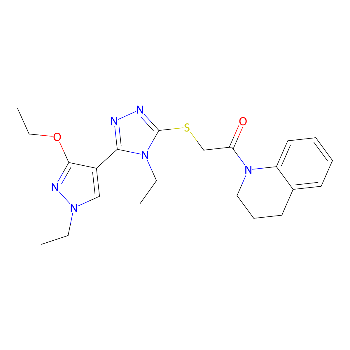 1-(3,4-dihydroquinolin-1(2H)-yl)-2-((5-(3-ethoxy-1-ethyl-1H-pyrazol-4-yl)-4-ethyl-4H-1,2,4-triazol-3-yl)thio)ethanone molecular structure, CAS 1013778-32-9
