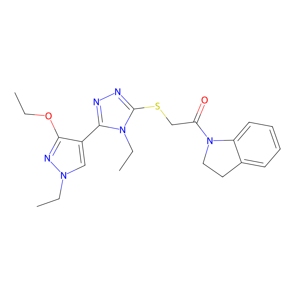 2-((5-(3-ethoxy-1-ethyl-1H-pyrazol-4-yl)-4-ethyl-4H-1,2,4-triazol-3-yl)thio)-1-(indolin-1-yl)ethanone molecular structure, CAS 1013778-33-0