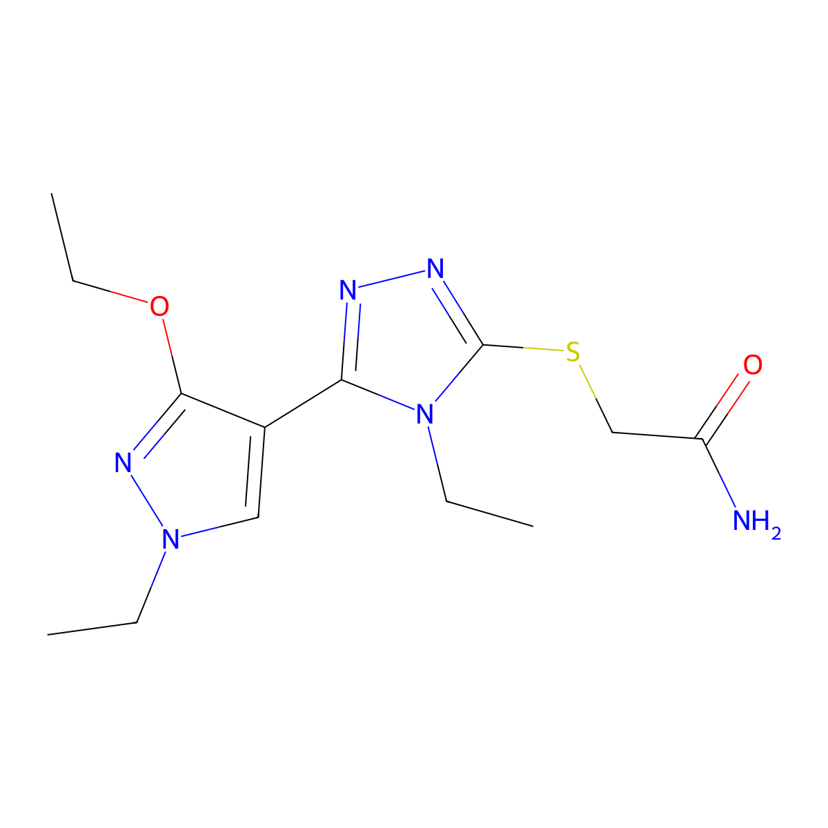 2-((5-(3-ethoxy-1-ethyl-1H-pyrazol-4-yl)-4-ethyl-4H-1,2,4-triazol-3-yl)thio)acetamide molecular structure, CAS 1013778-35-2