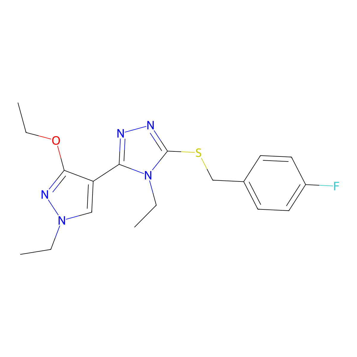 3-(3-ethoxy-1-ethyl-1H-pyrazol-4-yl)-4-ethyl-5-((4-fluorobenzyl)thio)-4H-1,2,4-triazole molecular structure, CAS 1013778-94-3