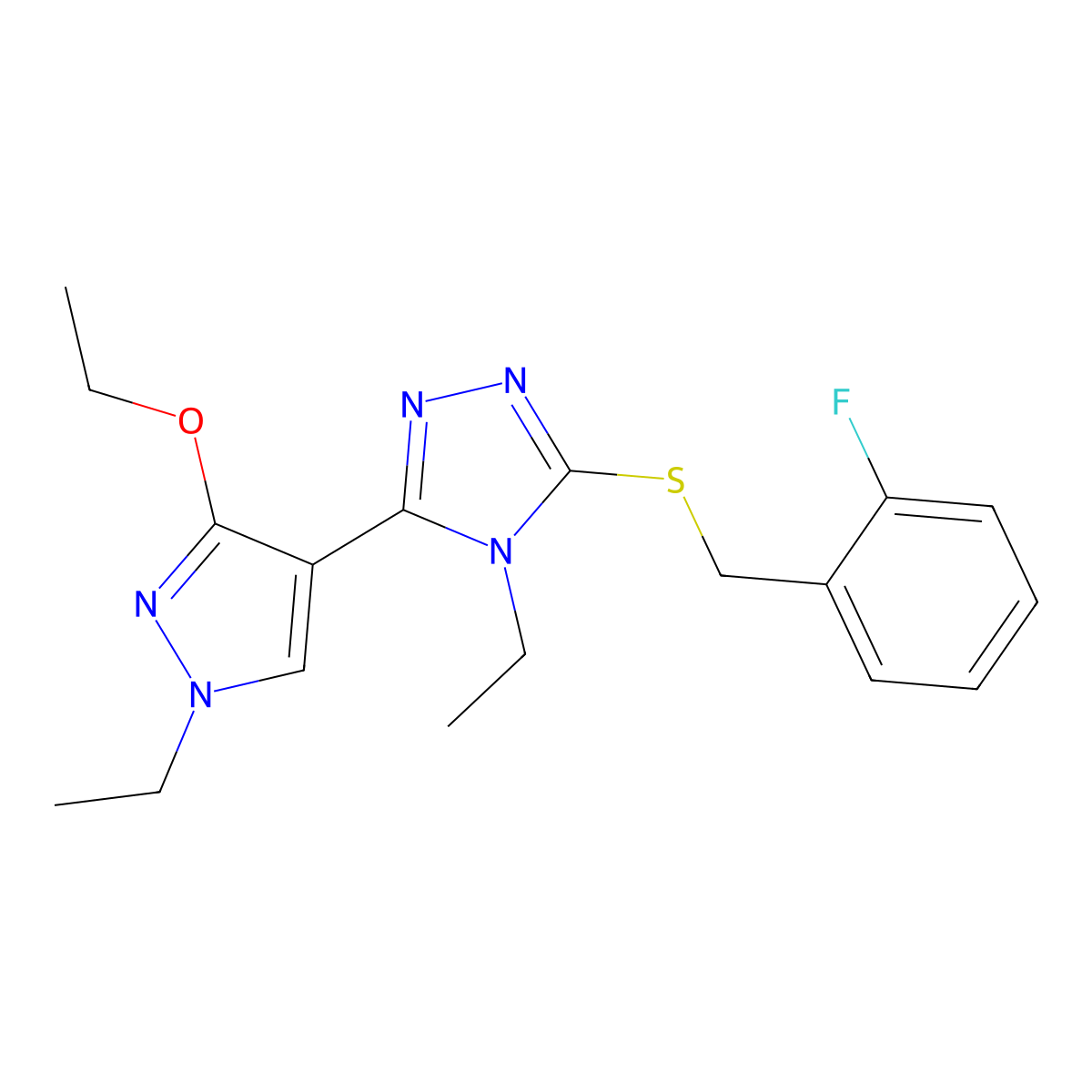 3-(3-ethoxy-1-ethyl-1H-pyrazol-4-yl)-4-ethyl-5-((2-fluorobenzyl)thio)-4H-1,2,4-triazole molecular structure, CAS 1013779-03-7