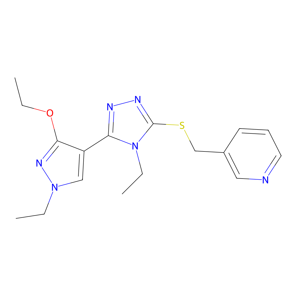 3-(((5-(3-ethoxy-1-ethyl-1H-pyrazol-4-yl)-4-ethyl-4H-1,2,4-triazol-3-yl)thio)methyl)pyridine molecular structure, CAS 1013779-05-9