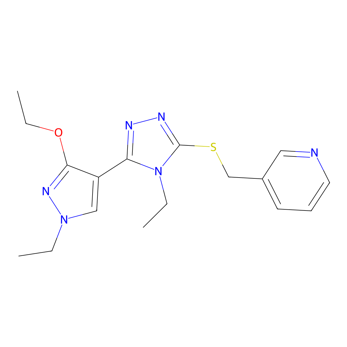 3-(((5-(3-ethoxy-1-ethyl-1H-pyrazol-4-yl)-4-ethyl-4H-1,2,4-triazol-3-yl)thio)methyl)pyridine molecular structure, CAS 1013779-05-9