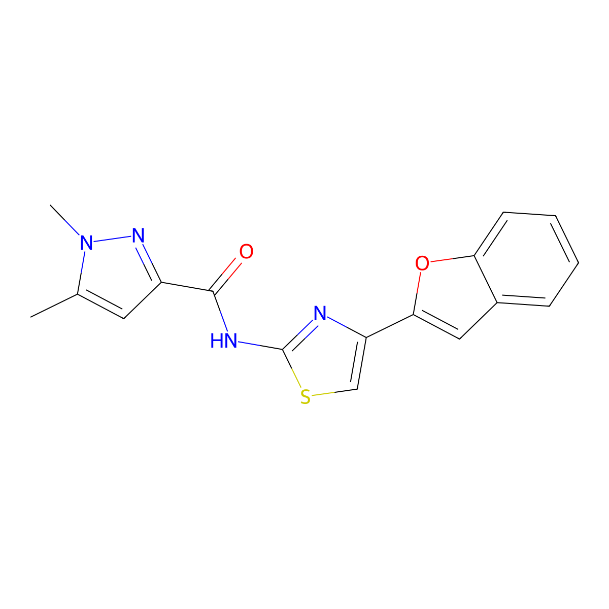 N-(4-(benzofuran-2-yl)thiazol-2-yl)-1,5-dimethyl-1H-pyrazole-3-carboxamide molecular structure, CAS 1013782-28-9