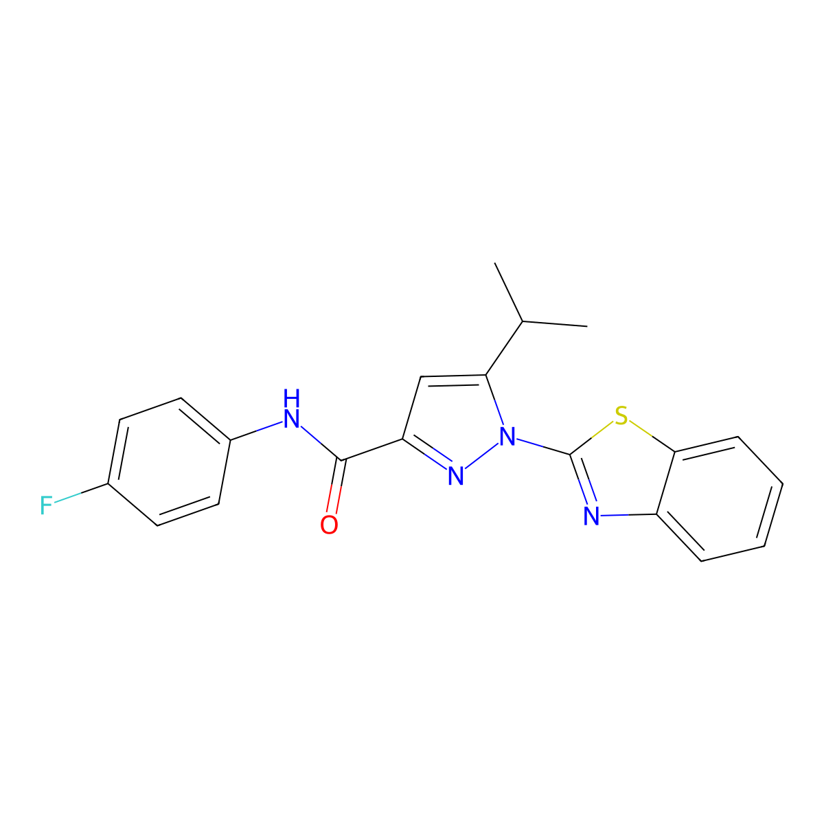 1-(benzo[d]thiazol-2-yl)-N-(4-fluorophenyl)-5-isopropyl-1H-pyrazole-3-carboxamide molecular structure, CAS 1013782-31-4