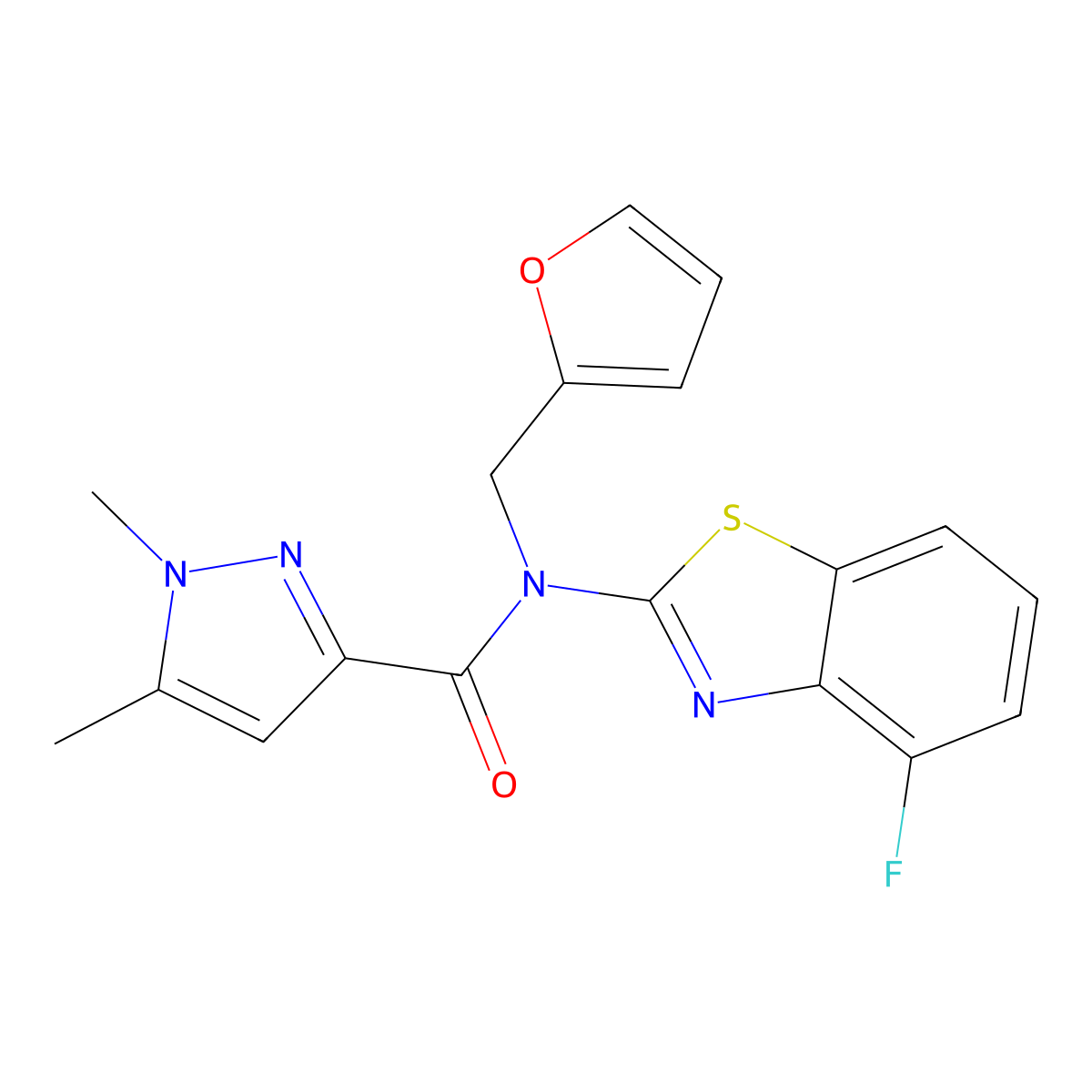 N-(4-fluorobenzo[d]thiazol-2-yl)-N-(furan-2-ylmethyl)-1,5-dimethyl-1H-pyrazole-3-carboxamide molecular structure, CAS 1013782-46-1