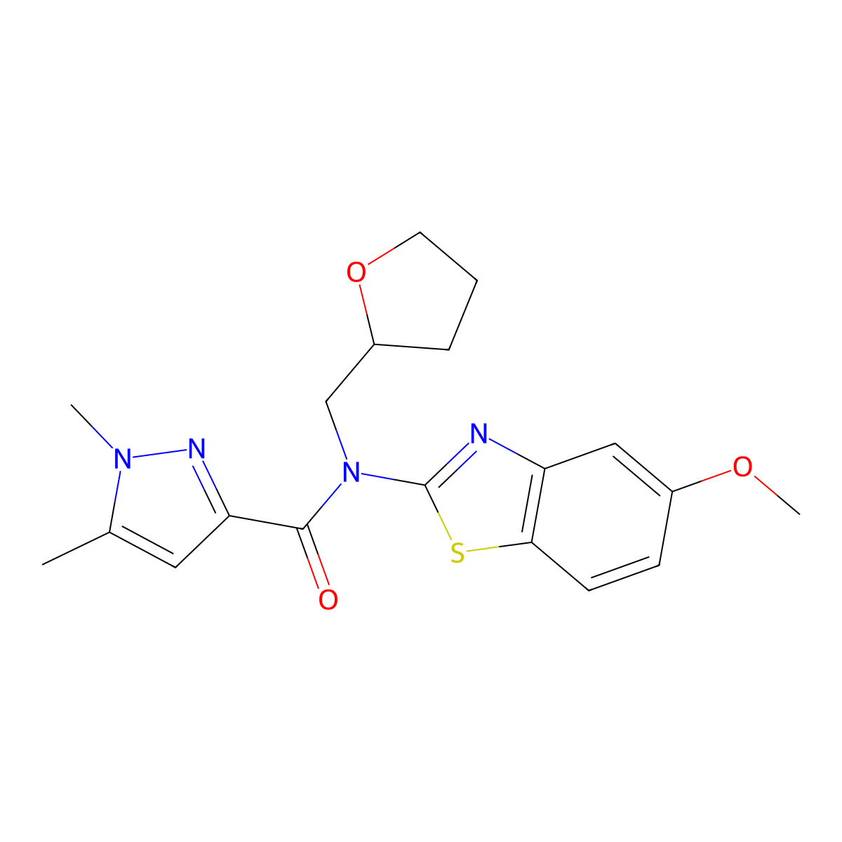 N-(5-methoxybenzo[d]thiazol-2-yl)-1,5-dimethyl-N-((tetrahydrofuran-2-yl)methyl)-1H-pyrazole-3-carboxamide molecular structure, CAS 1013782-74-5