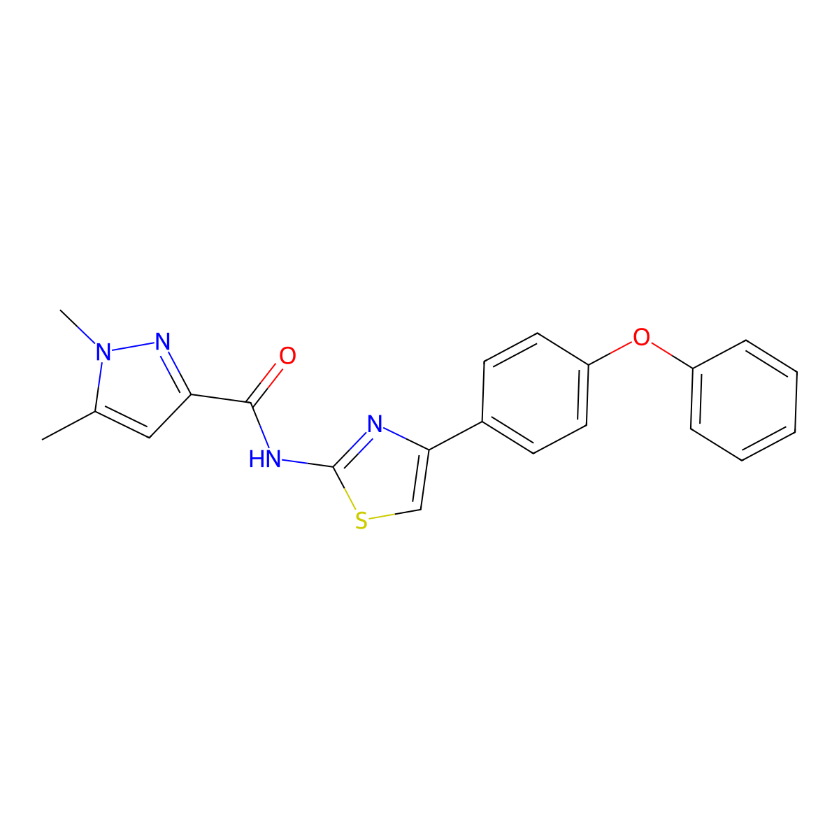 1,5-dimethyl-N-(4-(4-phenoxyphenyl)thiazol-2-yl)-1H-pyrazole-3-carboxamide molecular structure, CAS 1013782-96-1