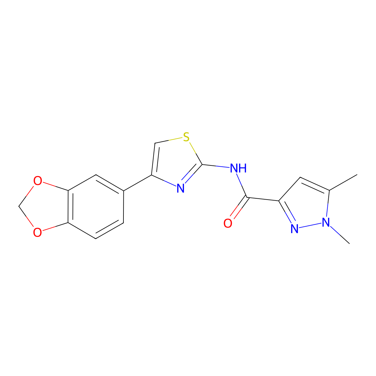 N-(4-(benzo[d][1,3]dioxol-5-yl)thiazol-2-yl)-1,5-dimethyl-1H-pyrazole-3-carboxamide molecular structure, CAS 1013783-12-4