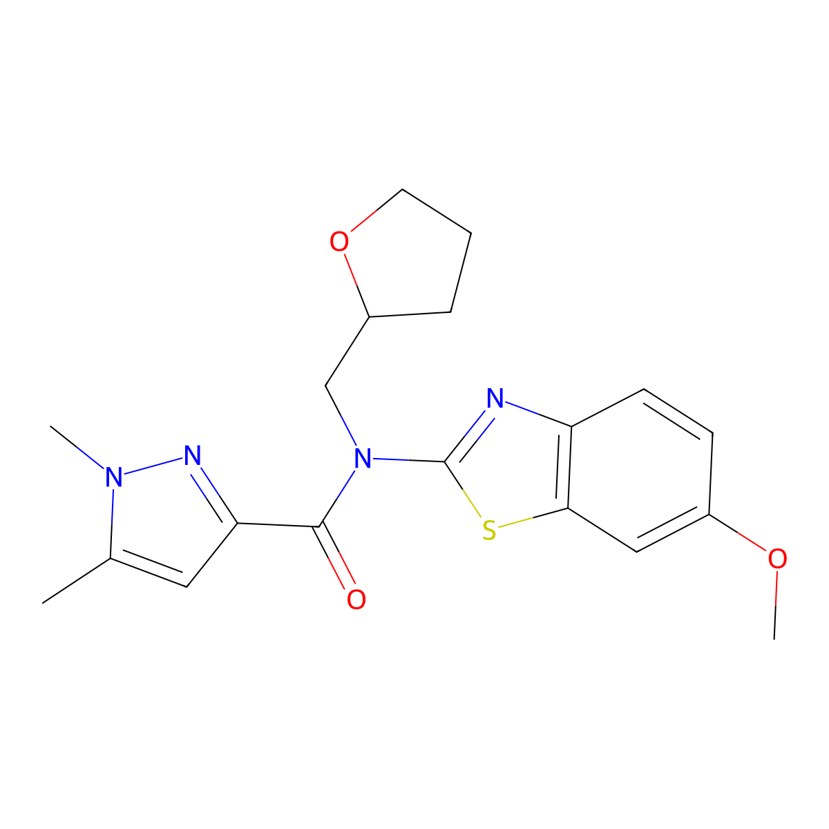 N-(6-methoxybenzo[d]thiazol-2-yl)-1,5-dimethyl-N-((tetrahydrofuran-2-yl)methyl)-1H-pyrazole-3-carboxamide molecular structure, CAS 1013783-19-1