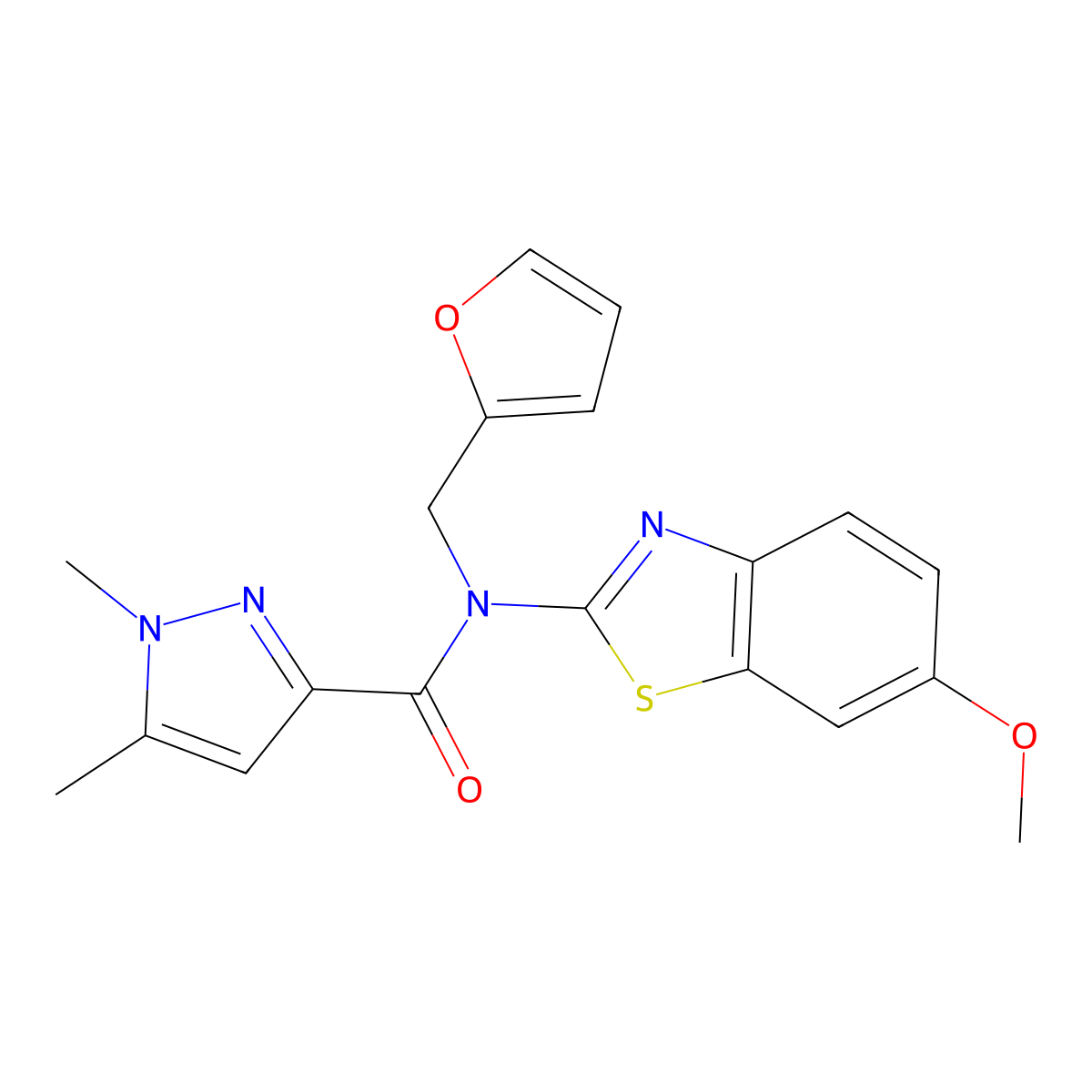 N-(furan-2-ylmethyl)-N-(6-methoxybenzo[d]thiazol-2-yl)-1,5-dimethyl-1H-pyrazole-3-carboxamide molecular structure, CAS 1013783-26-0