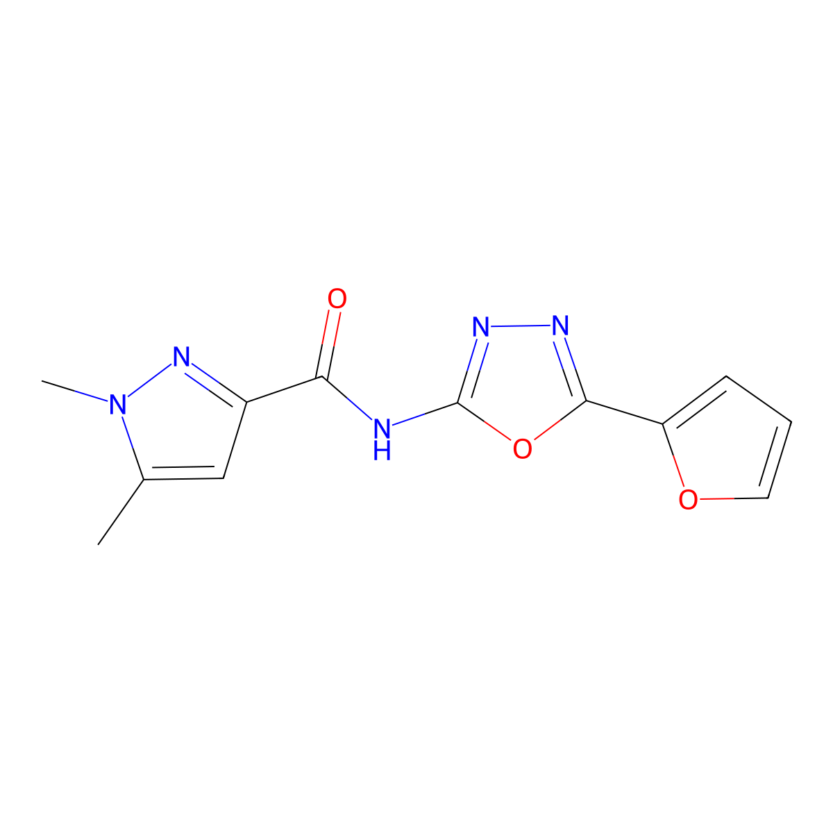 N-(5-(furan-2-yl)-1,3,4-oxadiazol-2-yl)-1,5-dimethyl-1H-pyrazole-3-carboxamide molecular structure, CAS 1013783-33-9