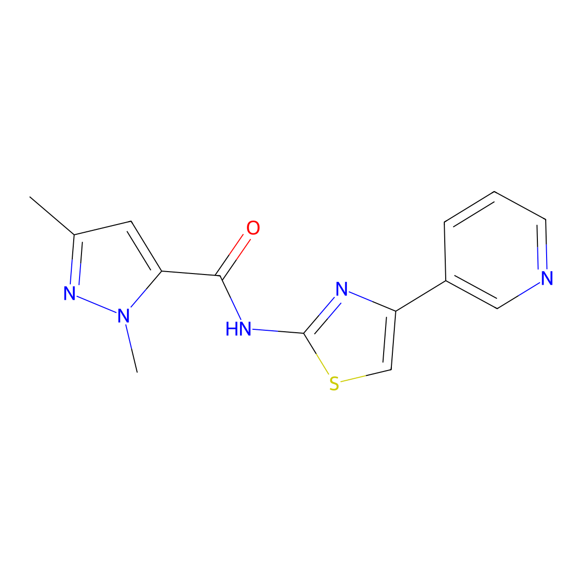 1,3-dimethyl-N-(4-(pyridin-3-yl)thiazol-2-yl)-1H-pyrazole-5-carboxamide molecular structure, CAS 1013783-58-8