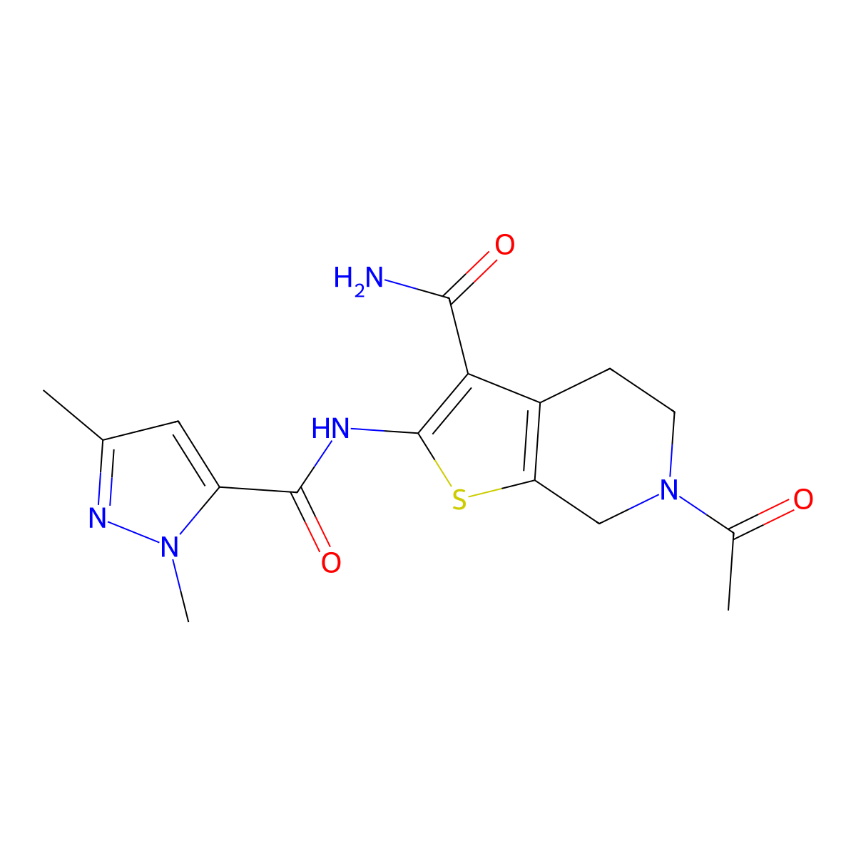 6-acetyl-2-(1,3-dimethyl-1H-pyrazole-5-carboxamido)-4,5,6,7-tetrahydrothieno[2,3-c]pyridine-3-carboxamide molecular structure, CAS 1013783-60-2
