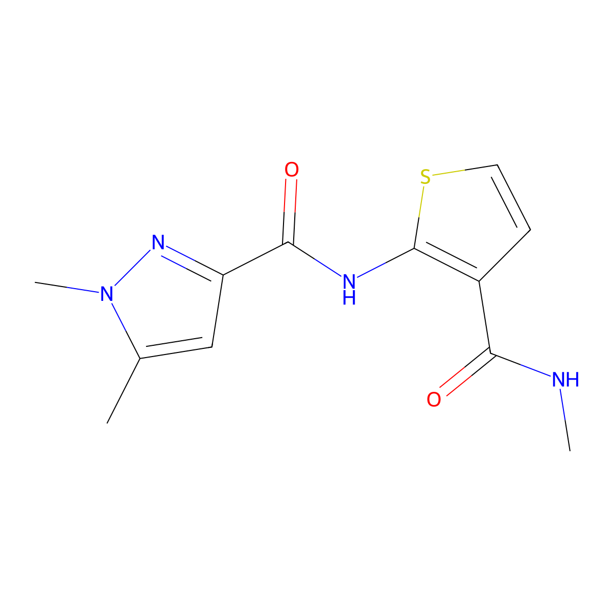 1,5-dimethyl-N-(3-(methylcarbamoyl)thiophen-2-yl)-1H-pyrazole-3-carboxamide molecular structure, CAS 1013783-78-2