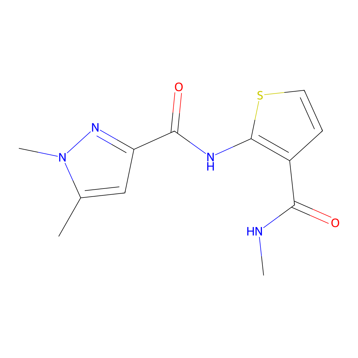 1,5-dimethyl-N-(3-(methylcarbamoyl)thiophen-2-yl)-1H-pyrazole-3-carboxamide molecular structure, CAS 1013783-78-2