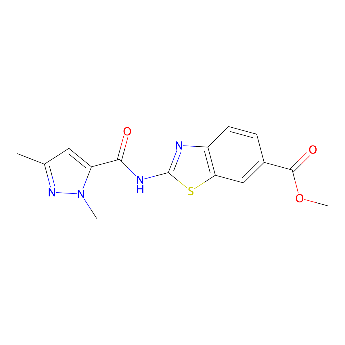methyl 2-(1,3-dimethyl-1H-pyrazole-5-carboxamido)benzo[d]thiazole-6-carboxylate molecular structure, CAS 1013784-11-6
