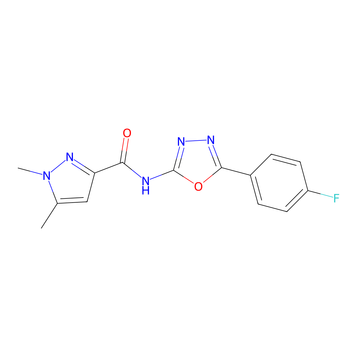 N-(5-(4-fluorophenyl)-1,3,4-oxadiazol-2-yl)-1,5-dimethyl-1H-pyrazole-3-carboxamide molecular structure, CAS 1013784-19-4