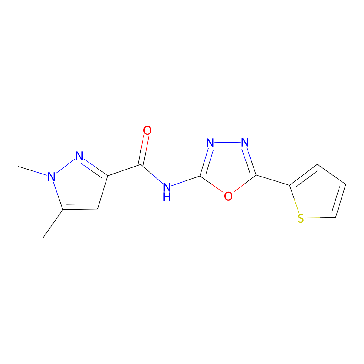 1,5-dimethyl-N-[5-(thiophen-2-yl)-1,3,4-oxadiazol-2-yl]-1H-pyrazole-3-carboxamide molecular structure, CAS 1013784-27-4