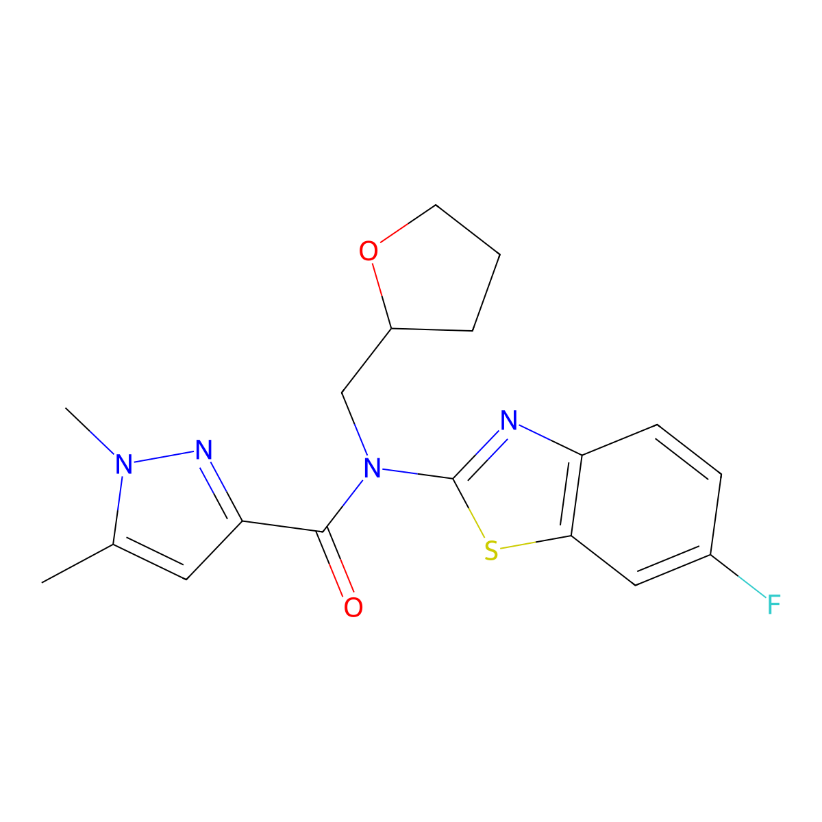 N-(6-fluorobenzo[d]thiazol-2-yl)-1,5-dimethyl-N-((tetrahydrofuran-2-yl)methyl)-1H-pyrazole-3-carboxamide molecular structure, CAS 1013784-28-5