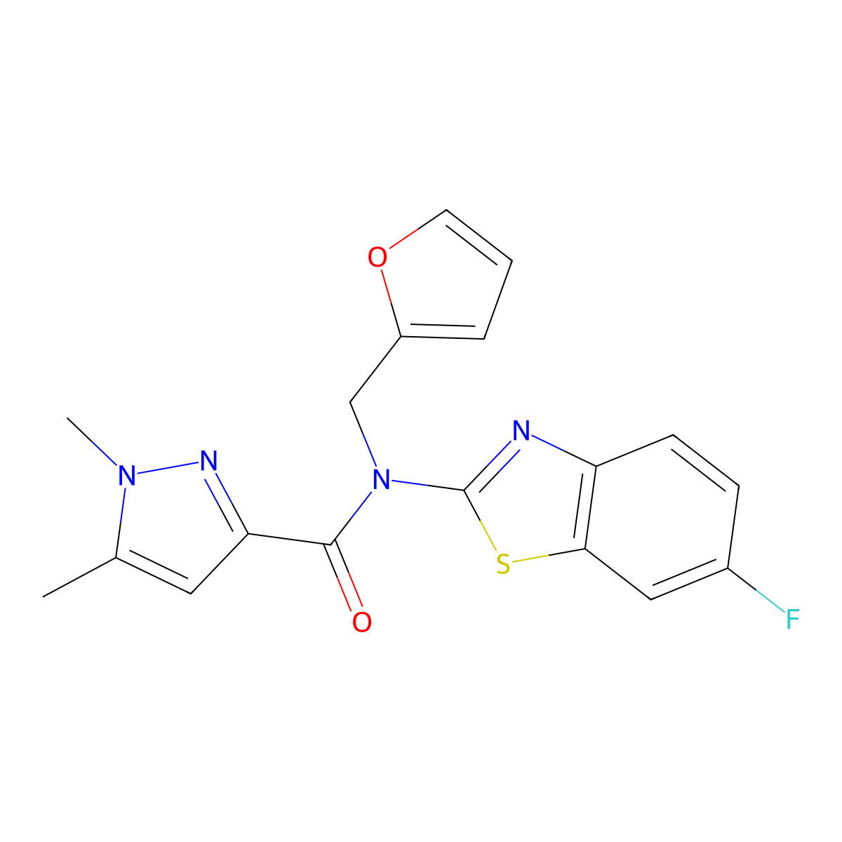 N-(6-fluorobenzo[d]thiazol-2-yl)-N-(furan-2-ylmethyl)-1,5-dimethyl-1H-pyrazole-3-carboxamide molecular structure, CAS 1013784-44-5