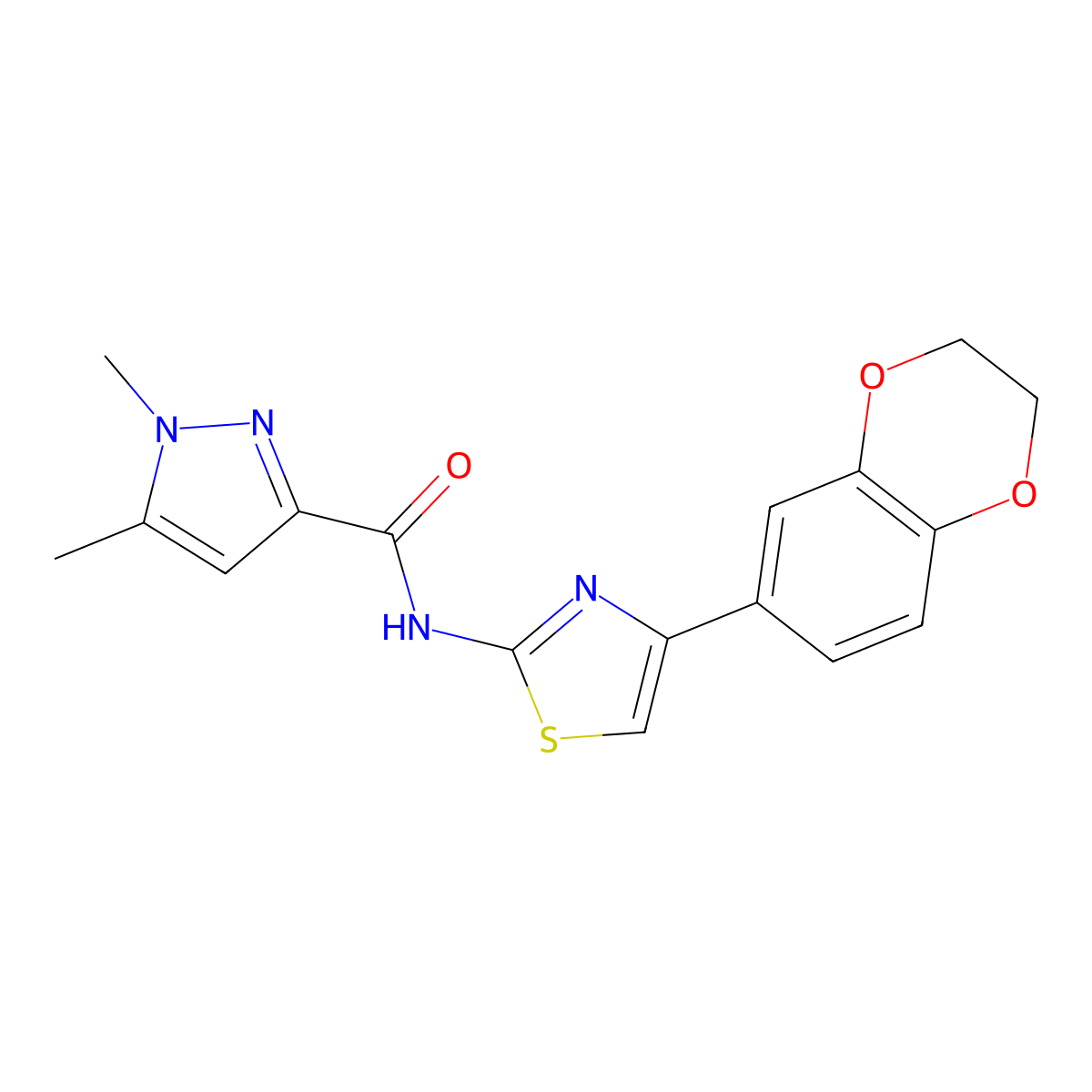 N-(4-(2,3-dihydrobenzo[b][1,4]dioxin-6-yl)thiazol-2-yl)-1,5-dimethyl-1H-pyrazole-3-carboxamide molecular structure, CAS 1013784-81-0