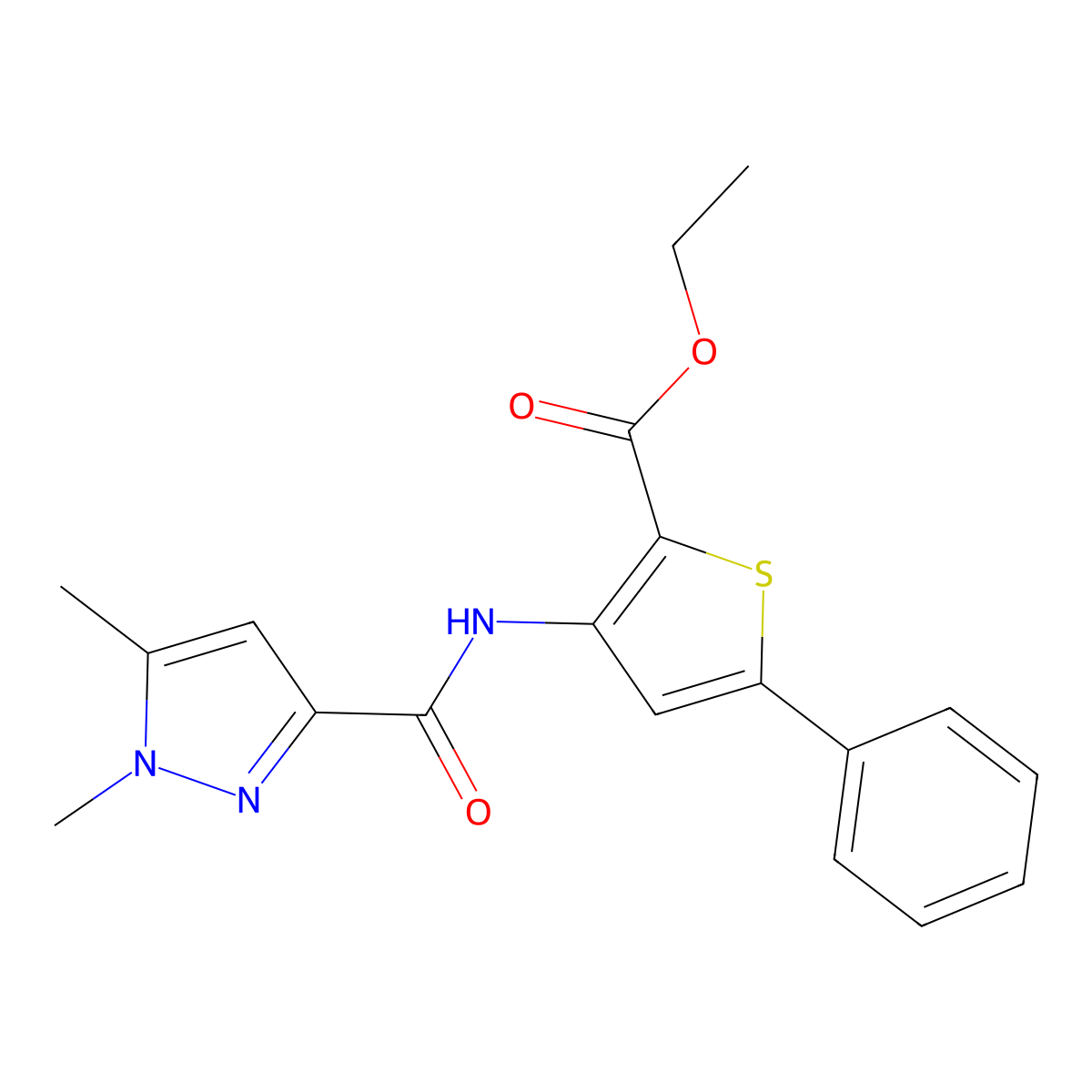 ethyl 3-(1,5-dimethyl-1H-pyrazole-3-amido)-5-phenylthiophene-2-carboxylate molecular structure, CAS 1013785-01-7