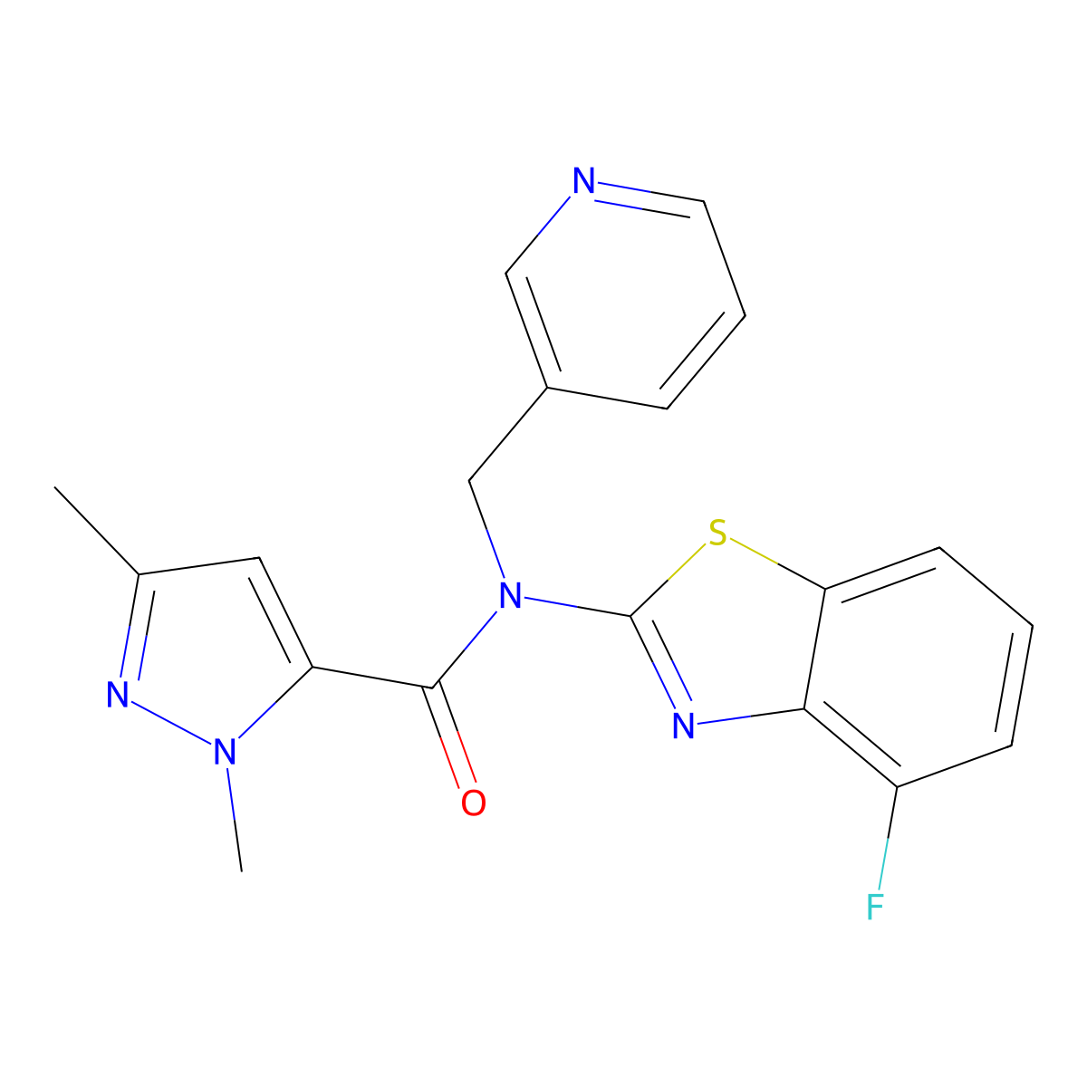 N-(4-fluorobenzo[d]thiazol-2-yl)-1,3-dimethyl-N-(pyridin-3-ylmethyl)-1H-pyrazole-5-carboxamide molecular structure, CAS 1013785-04-0