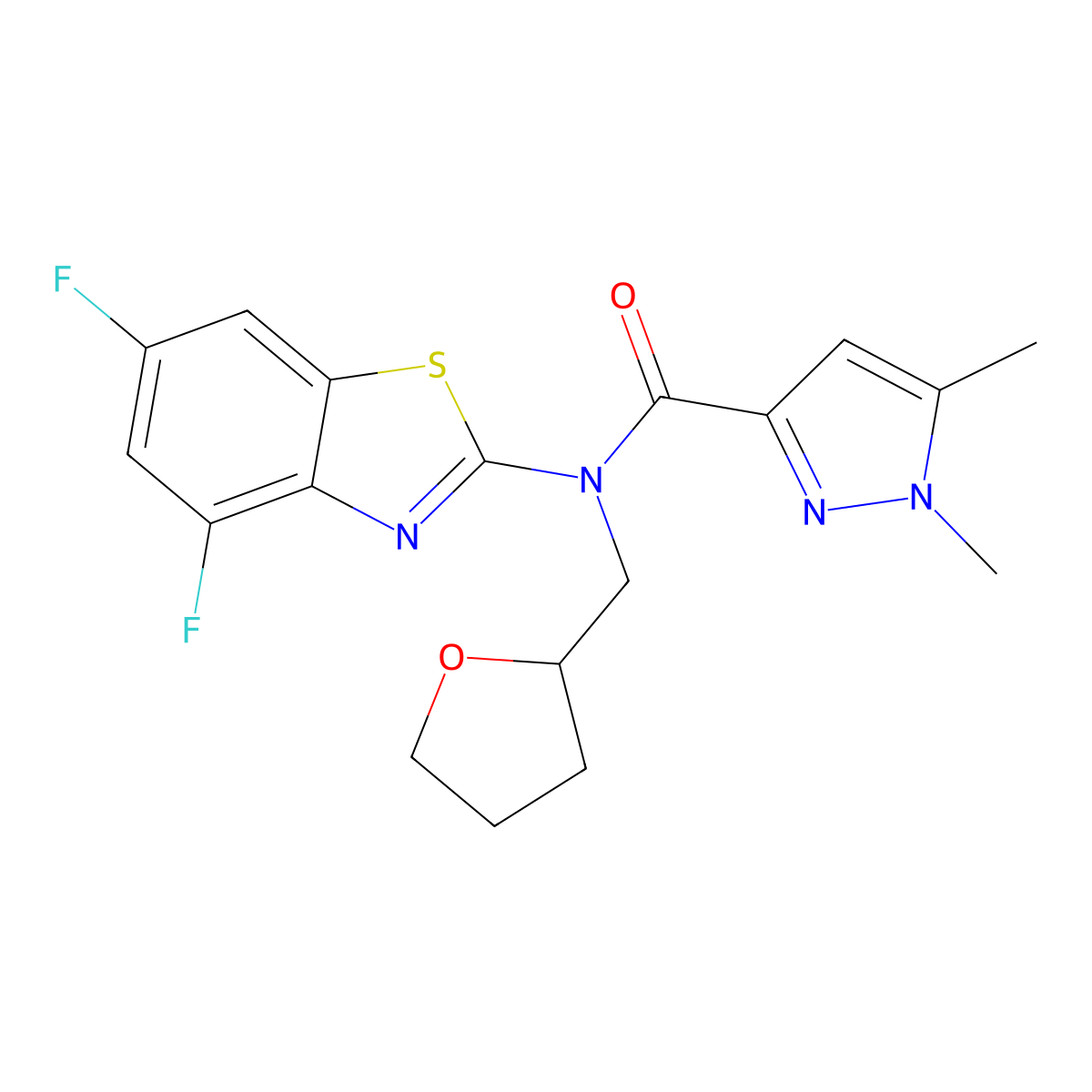 N-(4,6-difluorobenzo[d]thiazol-2-yl)-1,5-dimethyl-N-((tetrahydrofuran-2-yl)methyl)-1H-pyrazole-3-carboxamide molecular structure, CAS 1013785-21-1