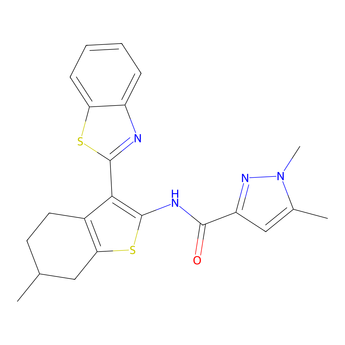 N-(3-(benzo[d]thiazol-2-yl)-6-methyl-4,5,6,7-tetrahydrobenzo[b]thiophen-2-yl)-1,5-dimethyl-1H-pyrazole-3-carboxamide molecular structure, CAS 1013785-24-4