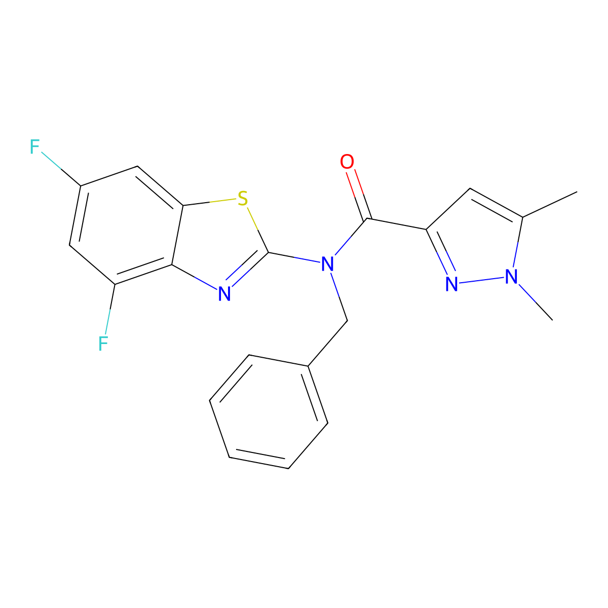 N-benzyl-N-(4,6-difluorobenzo[d]thiazol-2-yl)-1,5-dimethyl-1H-pyrazole-3-carboxamide molecular structure, CAS 1013785-38-0