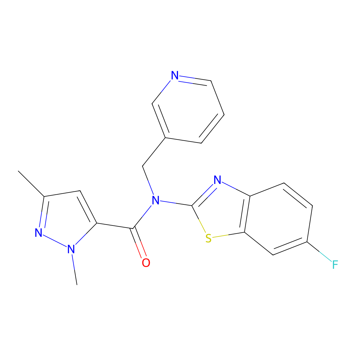 N-(6-fluorobenzo[d]thiazol-2-yl)-1,3-dimethyl-N-(pyridin-3-ylmethyl)-1H-pyrazole-5-carboxamide molecular structure, CAS 1013785-41-5