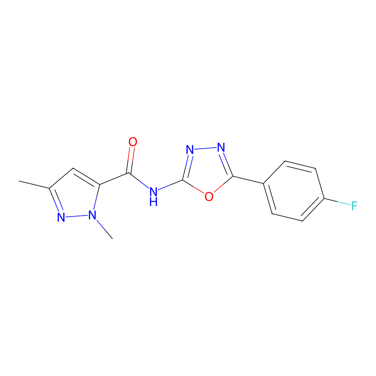 N-(5-(4-fluorophenyl)-1,3,4-oxadiazol-2-yl)-1,3-dimethyl-1H-pyrazole-5-carboxamide molecular structure, CAS 1013785-72-2
