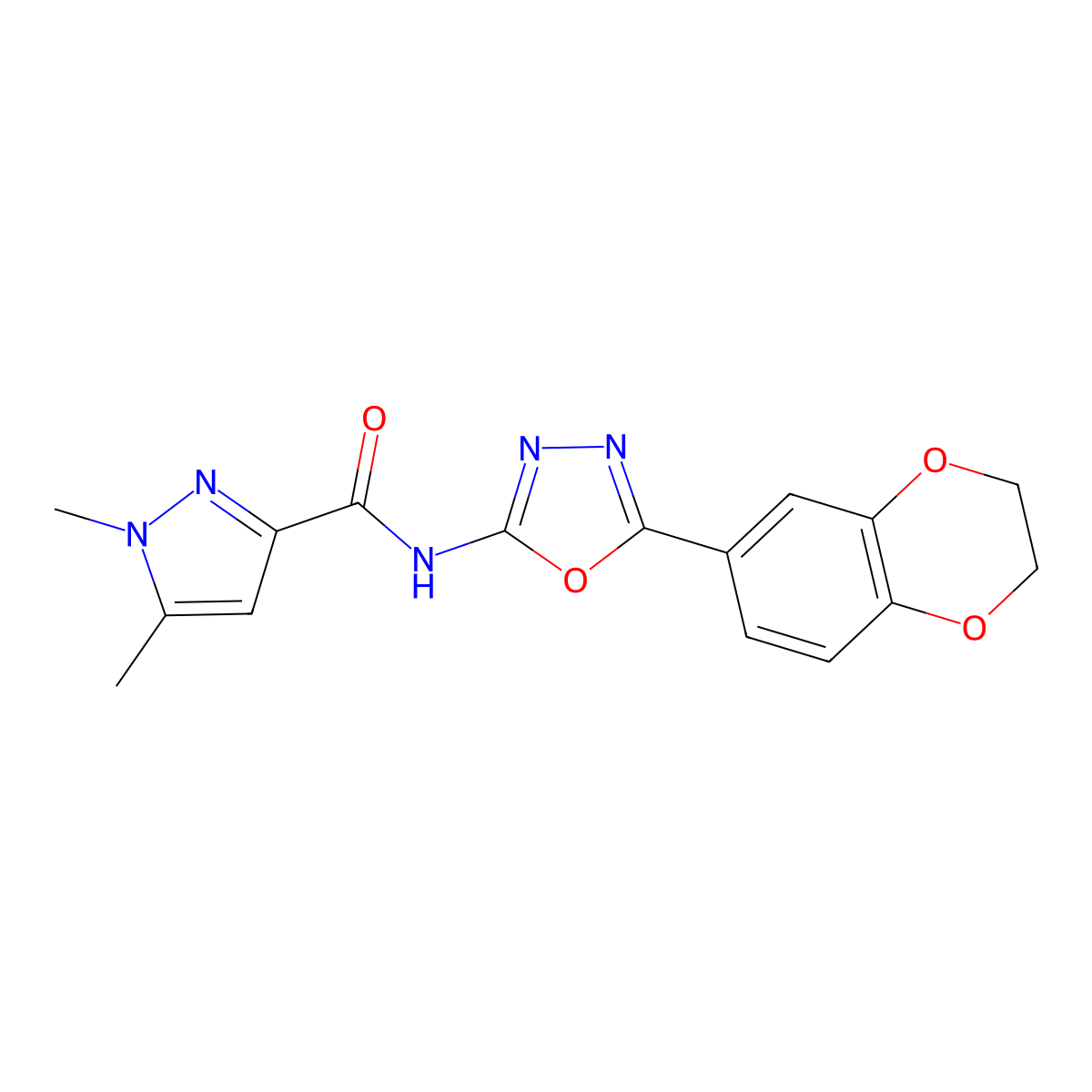 N-(5-(2,3-dihydrobenzo[b][1,4]dioxin-6-yl)-1,3,4-oxadiazol-2-yl)-1,5-dimethyl-1H-pyrazole-3-carboxamide molecular structure, CAS 1013785-74-4