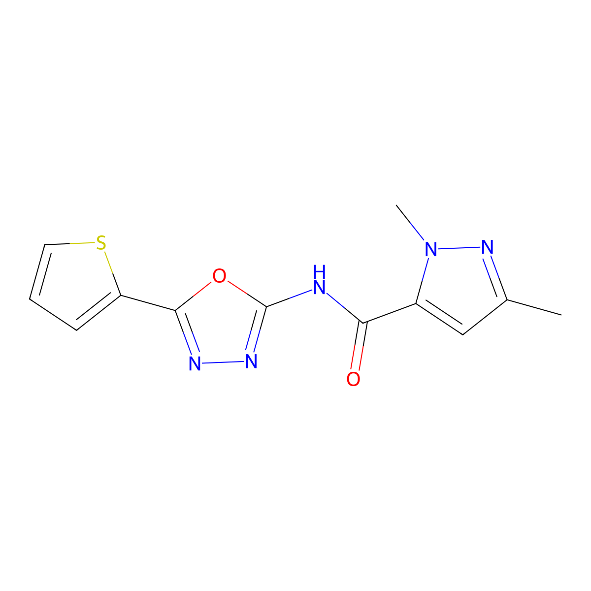 1,3-dimethyl-N-[5-(thiophen-2-yl)-1,3,4-oxadiazol-2-yl]-1H-pyrazole-5-carboxamide molecular structure, CAS 1013785-78-8
