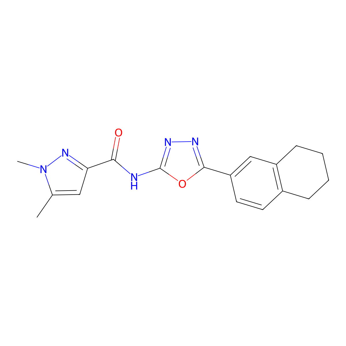 1,5-dimethyl-N-(5-(5,6,7,8-tetrahydronaphthalen-2-yl)-1,3,4-oxadiazol-2-yl)-1H-pyrazole-3-carboxamide molecular structure, CAS 1013785-84-6