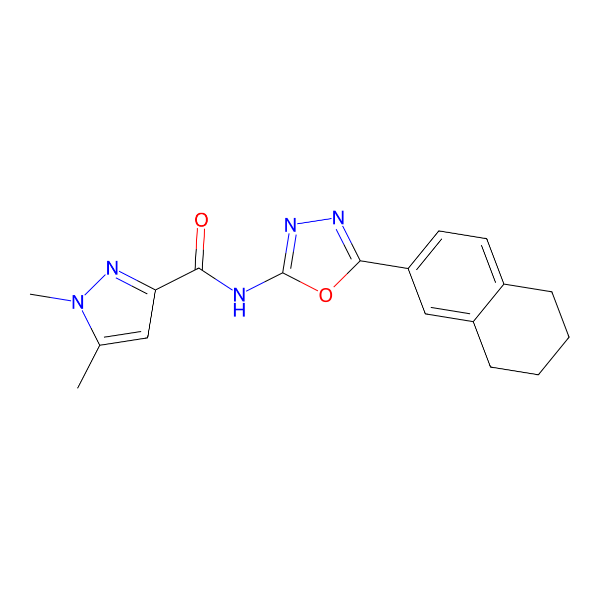 1,5-dimethyl-N-(5-(5,6,7,8-tetrahydronaphthalen-2-yl)-1,3,4-oxadiazol-2-yl)-1H-pyrazole-3-carboxamide molecular structure, CAS 1013785-84-6