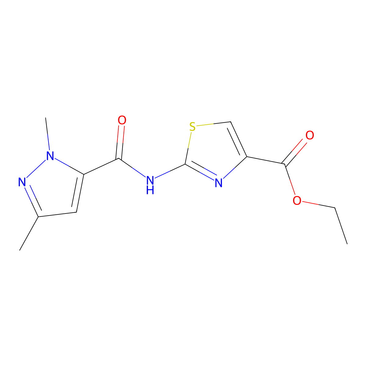 ethyl 2-(1,3-dimethyl-1H-pyrazole-5-carboxamido)thiazole-4-carboxylate molecular structure, CAS 1013785-97-1