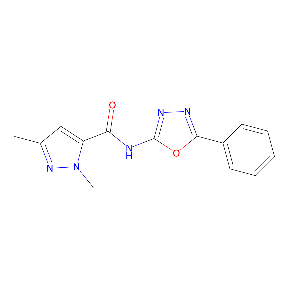 1,3-dimethyl-N-(5-phenyl-1,3,4-oxadiazol-2-yl)-1H-pyrazole-5-carboxamide molecular structure, CAS 1013786-05-4