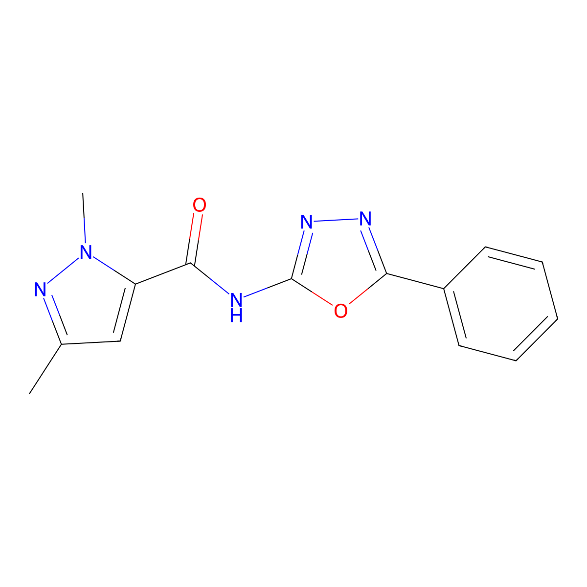 1,3-dimethyl-N-(5-phenyl-1,3,4-oxadiazol-2-yl)-1H-pyrazole-5-carboxamide molecular structure, CAS 1013786-05-4
