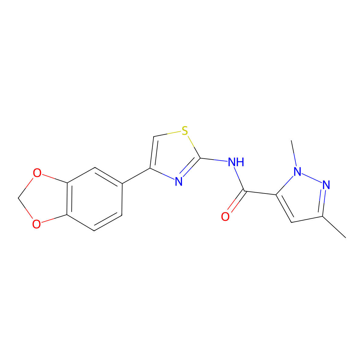 N-(4-(benzo[d][1,3]dioxol-5-yl)thiazol-2-yl)-1,3-dimethyl-1H-pyrazole-5-carboxamide molecular structure, CAS 1013786-15-6