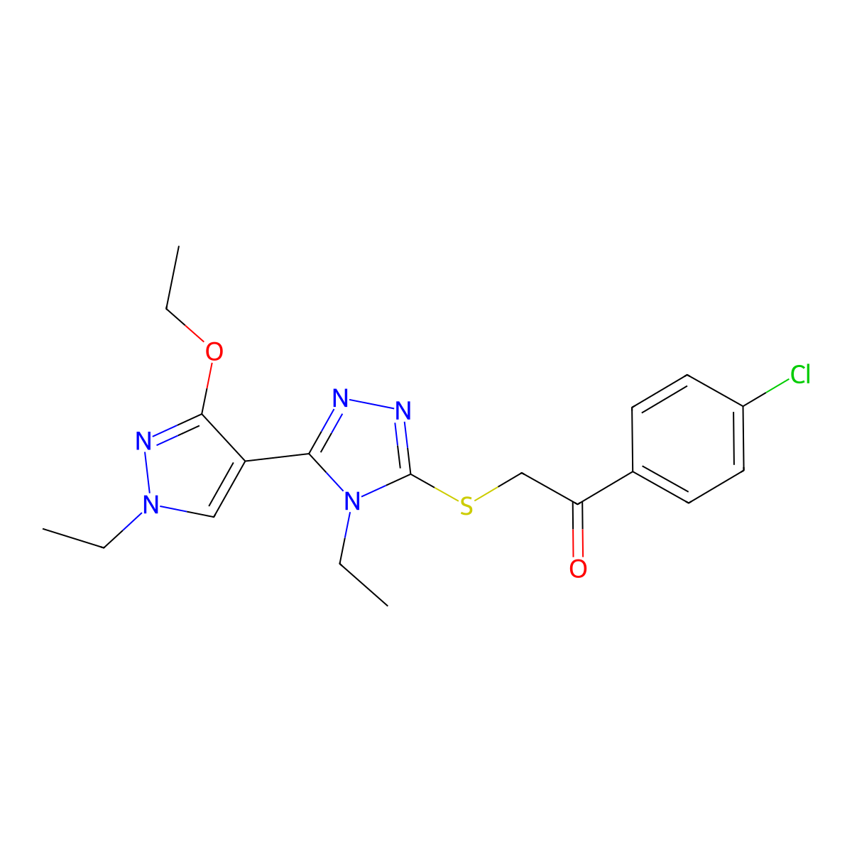 1-(4-chlorophenyl)-2-((5-(3-ethoxy-1-ethyl-1H-pyrazol-4-yl)-4-ethyl-4H-1,2,4-triazol-3-yl)thio)ethanone molecular structure, CAS 1013786-65-6