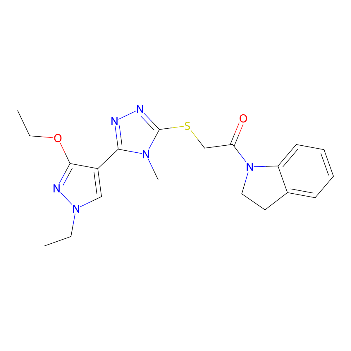 2-((5-(3-ethoxy-1-ethyl-1H-pyrazol-4-yl)-4-methyl-4H-1,2,4-triazol-3-yl)thio)-1-(indolin-1-yl)ethanone molecular structure, CAS 1013786-81-6