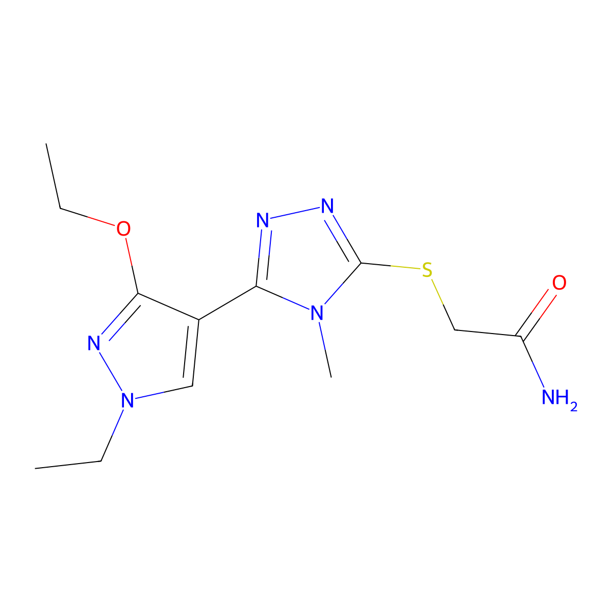 2-((5-(3-ethoxy-1-ethyl-1H-pyrazol-4-yl)-4-methyl-4H-1,2,4-triazol-3-yl)thio)acetamide molecular structure, CAS 1013786-84-9