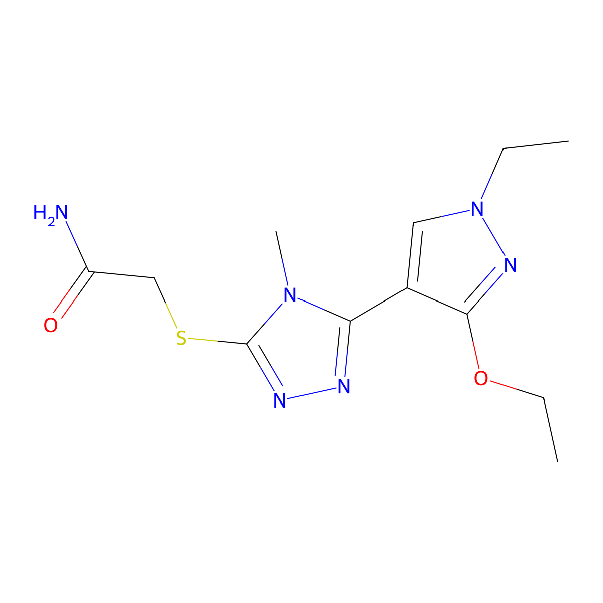 2-((5-(3-ethoxy-1-ethyl-1H-pyrazol-4-yl)-4-methyl-4H-1,2,4-triazol-3-yl)thio)acetamide molecular structure, CAS 1013786-84-9