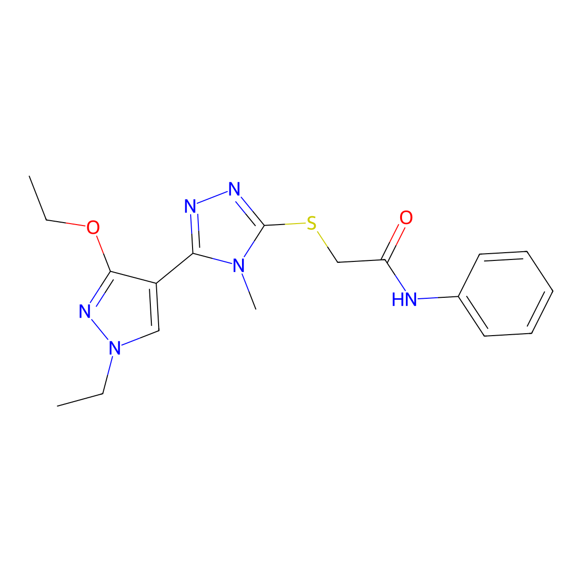 2-((5-(3-ethoxy-1-ethyl-1H-pyrazol-4-yl)-4-methyl-4H-1,2,4-triazol-3-yl)thio)-N-phenylacetamide molecular structure, CAS 1013786-90-7