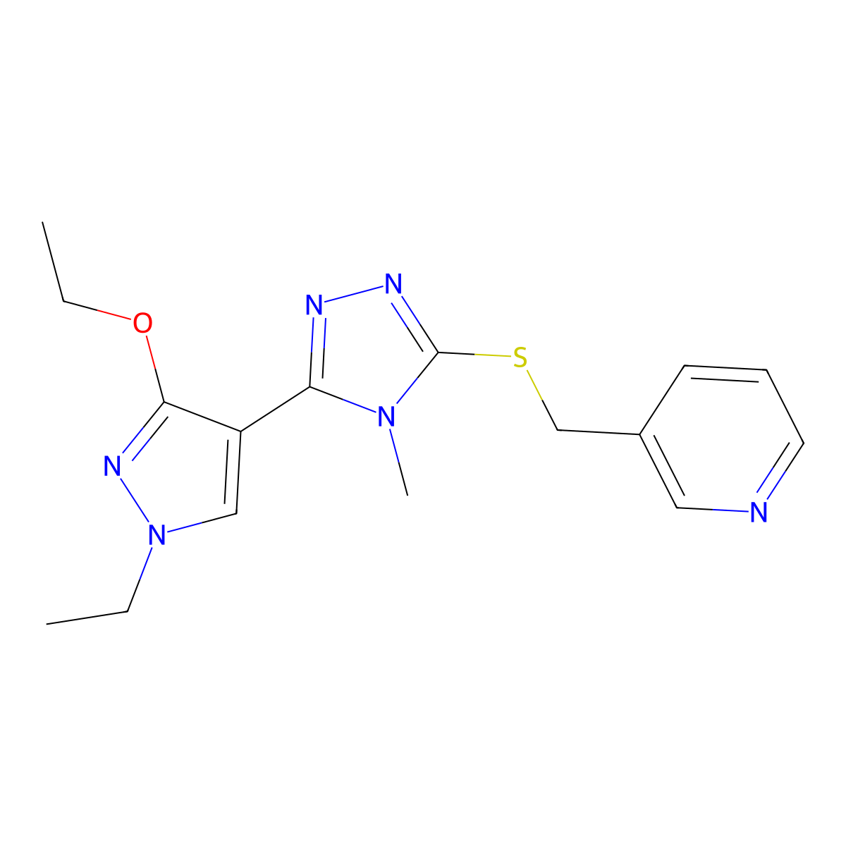 3-(((5-(3-ethoxy-1-ethyl-1H-pyrazol-4-yl)-4-methyl-4H-1,2,4-triazol-3-yl)thio)methyl)pyridine molecular structure, CAS 1013787-52-4