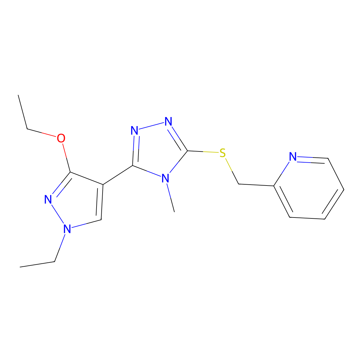 2-(((5-(3-ethoxy-1-ethyl-1H-pyrazol-4-yl)-4-methyl-4H-1,2,4-triazol-3-yl)thio)methyl)pyridine molecular structure, CAS 1013787-62-6